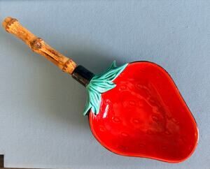 Vintage Strawberry Ceramic Snack Dish Bamboo Handle Red Green MCM